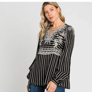 Savanna Jane Striped Black and White Embroidered Blouse